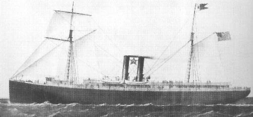 Historical view of the steamship City of Houston with two masts and a funnel