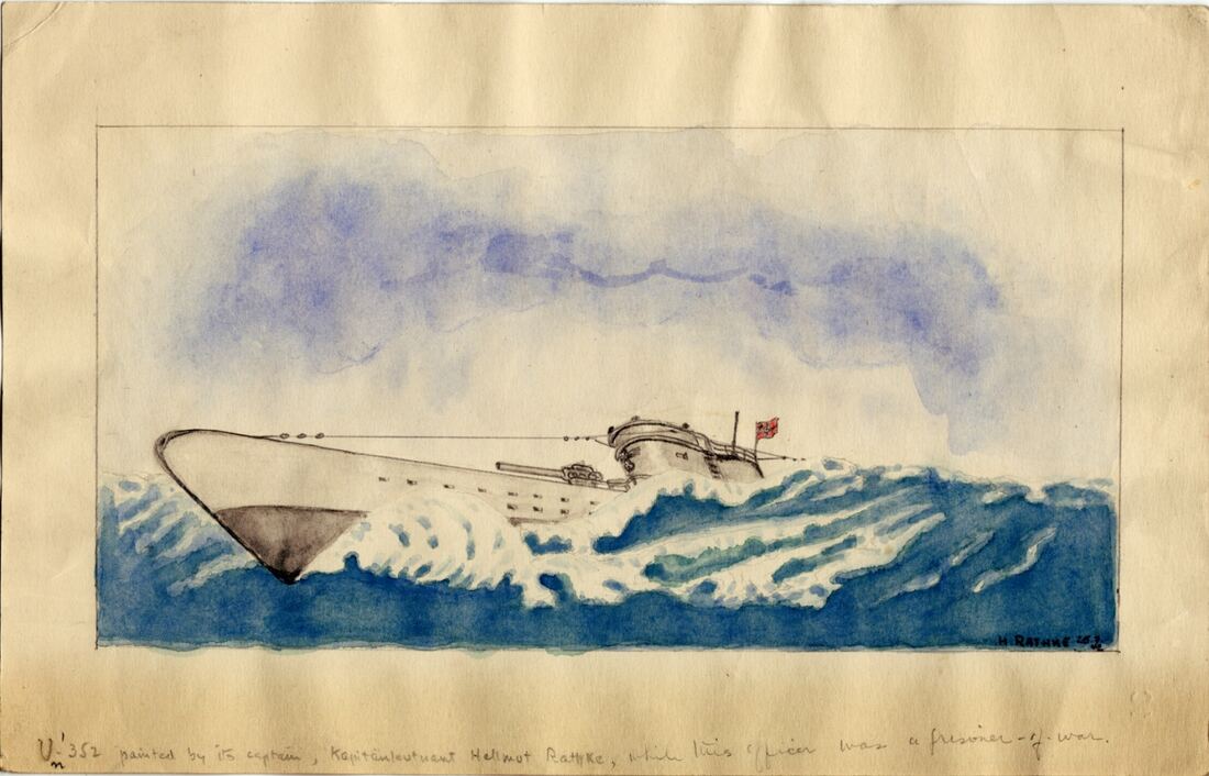 Watercolor depiction of U-352 at sea, painted by its commander
